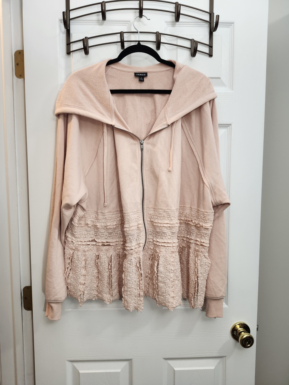 Torrid Pale Pink Hooded Zip-Up Jacket with Lace Ruffle Hem, Torrid 3 = 3X